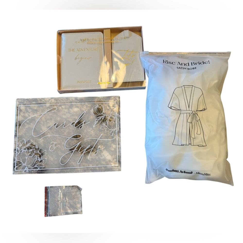 Miss to Mrs White Satin Bridal Robe , Lucite Cards & Gift Sign with Travel set